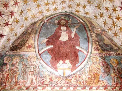 Fragment malowidła przedstawiającego Sąd Ostateczny w kościele pw. Wszystkich Świętych w Strzelcach Świdnickich (fot. W. Rośkowicz) w szeleście drzew i powiewach wiatru dziwne głosy.