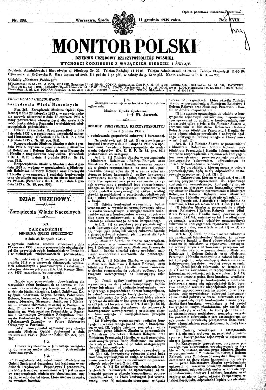 Oplata pocztowa uiszczonaffitozalteni Nr. 284. Warszawa, Środa 11 grudnia 1935 roku. Rok KVJH. DZIENNIK URZĘDOWY RZECZYPOSPOLITEJ POLSKIEJ.