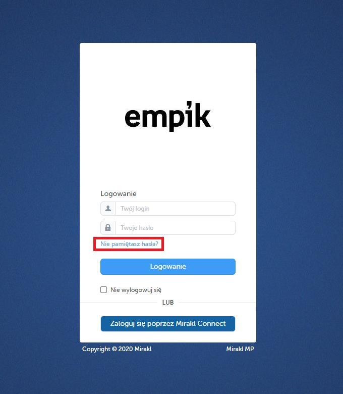 1.2 Zmiana hasła Jeśli utraciłeś hasło do panelu przejdź na stronę https://marketplace.empik.com i wybierz opcję Nie pamiętasz hasła?. Następnie wpisz swój login i kliknij wyślij.