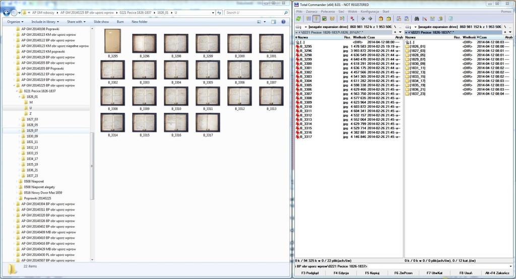 3.1.1 Uruchomić Explorator Windows. Wejść do katalogu danej parafii, następnie do pierwszego rocznika w tym katalogu i do podkatalogu urodzeń.