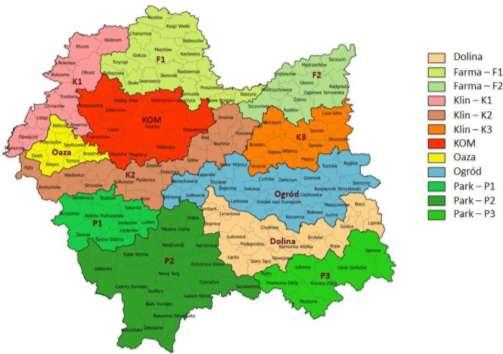 Obszary funkcjonalne terytoria Źródło: Plan Zagospodarowania Przestrzennego Województwa Małopolskiego Obszar funkcjonalny o nazwie Klin przebiega południkowo przez całą Małopolskę, ale ma wyraźnie