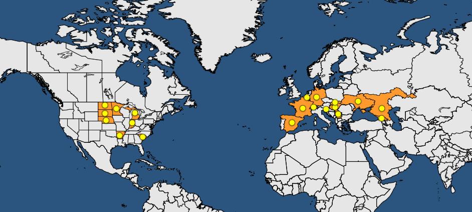 Ukraina Ograniczone występowanie EPPO, 2020; Barnes i wsp., 2011 Węgry Obecny EPPO, 2020; Barnes i wsp., 2011 Źródło: https://gd.eppo.int/taxon/dotspi/distribution 7.