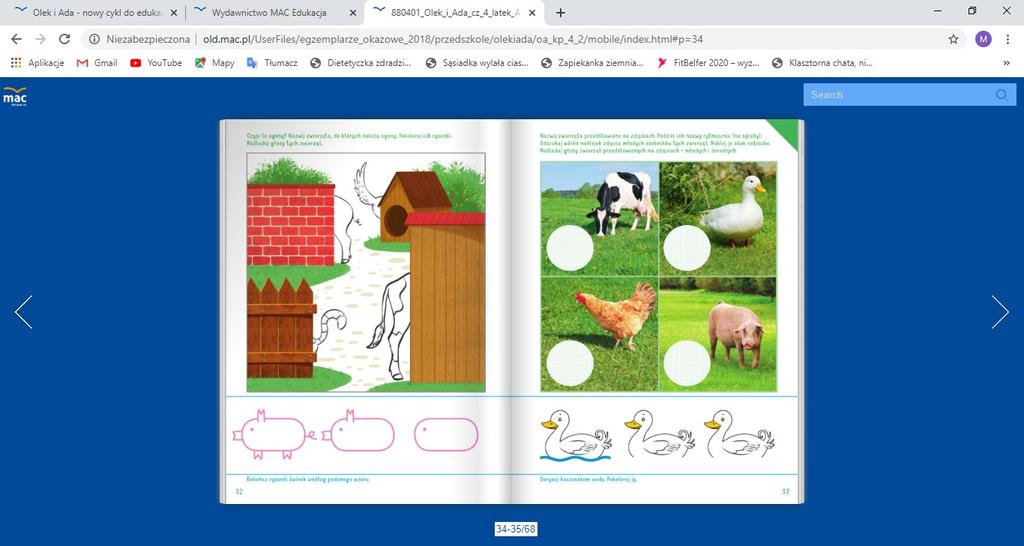 Rozmowa na podstawie opowiadania i ilustracji. Dziecko odpowiada na pytania: 1. Jakie zwierzę ogłosiło zawody pływackie? 2. Dlaczego nie wszystkie zwierzęta chciały brać w nich udział? 3.