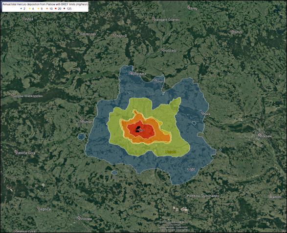 Łączna ilość osadzającej się rtęci pochodzącej z Pątnowa