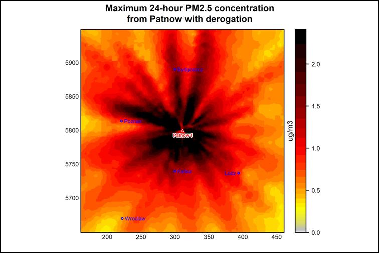 7 rysunek 2 Przewidywany wkład elektrowni Pątnów I w poziom PM2.5 w otoczeniu. Maksymalne dobowe stężenie PM2.