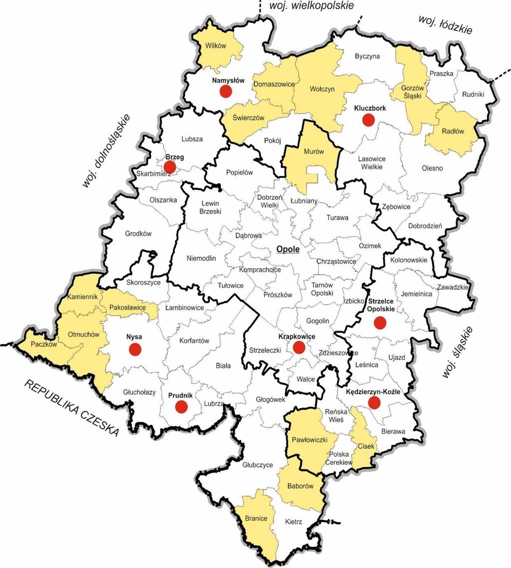 OSI krajowe w województwie opolskim [SOR i KSRR 2030] OSI Miasta średniej wielkości tracące funkcje społeczno-gospodarcze (8 miast): Brzeg, Namysłów, Nysa, Kędzierzyn-Koźle, Kluczbork, Krapkowice,