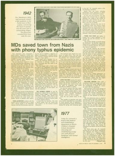 7. MRS/AM/ Wycinek prasowy z czasopisma American Medical News 1977 (5 grudnia), zawierający artykuł zatytułowany MDs saved town from Nazis with phony typhus epidemic (Doktorzy medycyny uratowali