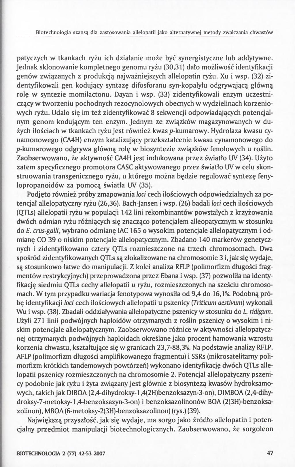 Biotechnologia szansą dla zastosowania allelopatii jako alternatywnej metody zwalczania chwastów patyczych w tkankach ryżu ich działanie może być synergistyczne lub addytywne.