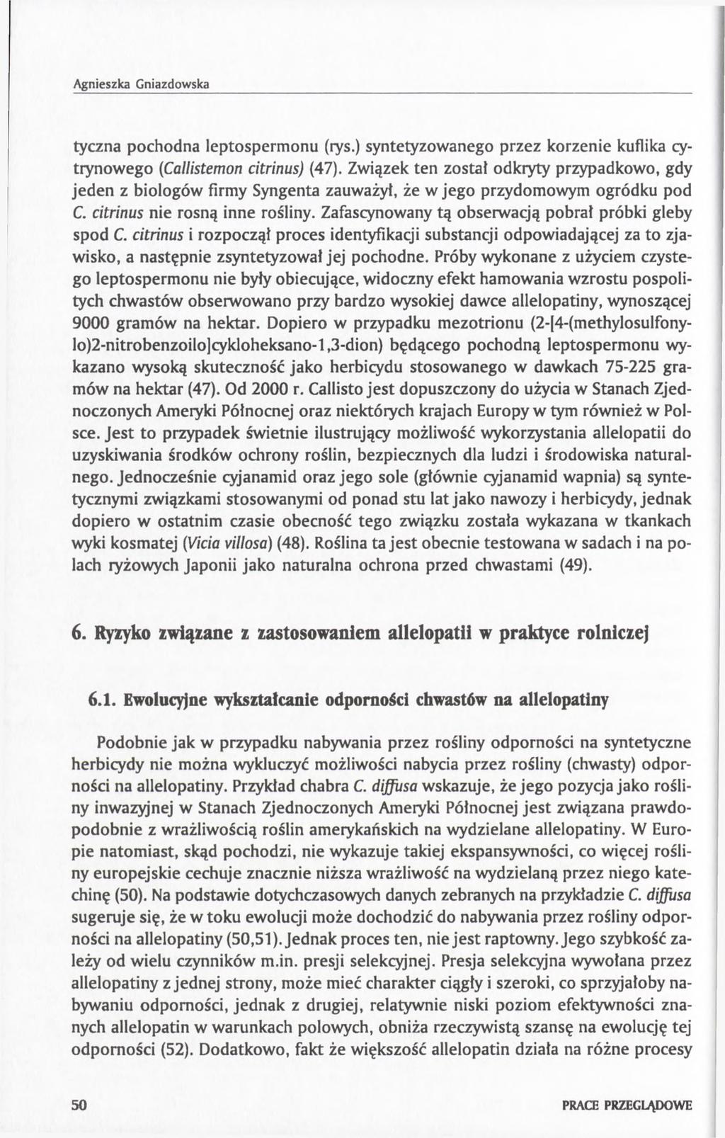 Agnieszka Gniazdowska tyczna pochodna leptospermonu (rys.) syntetyzowanego przez korzenie kuflika cytrynowego {Calłistemon citrinus) (47).