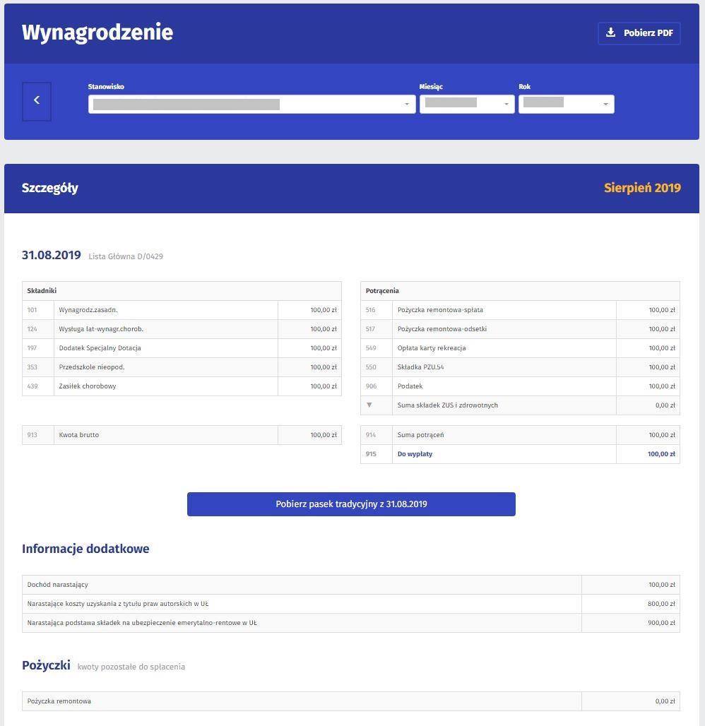 Moduł Zatrudnienie sekcja Wynagrodzenie przykładowa