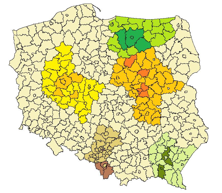 1.3. Metodyka i organizacja badania źródła materiału... 23 województwa kolorem ciemniejszym oznaczono powiaty, na obszarze których znajdują się gminy, w których zrealizowano badanie (zob. mapa 1).