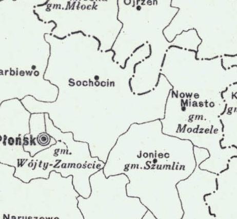 Powiat płoński (fragment) na mapie administracyjnej z 1933 roku.