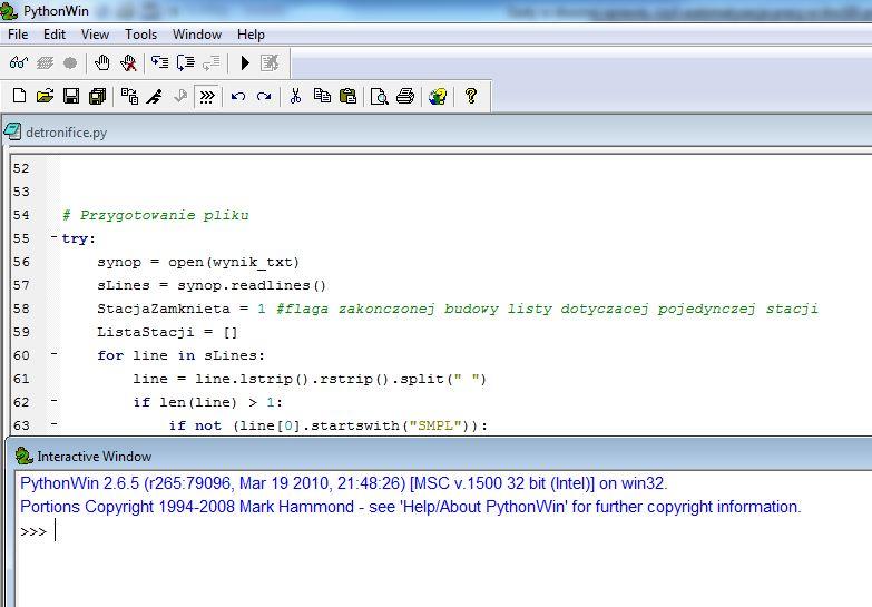 Rys. 4. PythonWin interfejs i fragment kodu z widocznym formatowaniem. ArcPy umożliwia użycie narzędzi geoprzetwarzania, a także dostarcza bardziej zaawansowanych narzędzi.