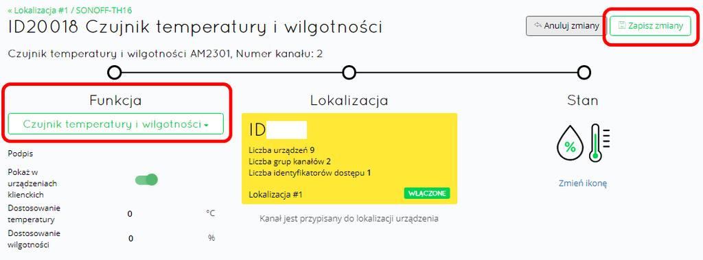 KROK 4 Z listy Funkcja wybrać Czujnik temperatury i wilgotności a następnie Zapisz zmiany: Rys. 2-11 REKONFIGURACJA ustawień SUPLA lub sieci WiFi Jeżeli moduł był już zarejestrowany w supla.