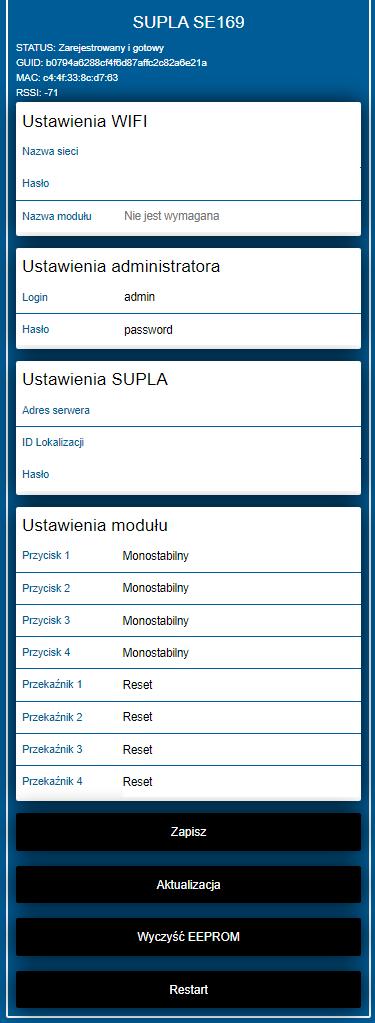 REKONFIGURACJA przycisku lub stanu przekaźnika po włączeniu Po zakończeniu konfiguracji możliwy jest dostęp do urządzenia i ustawień administratora przez przeglądarkę.