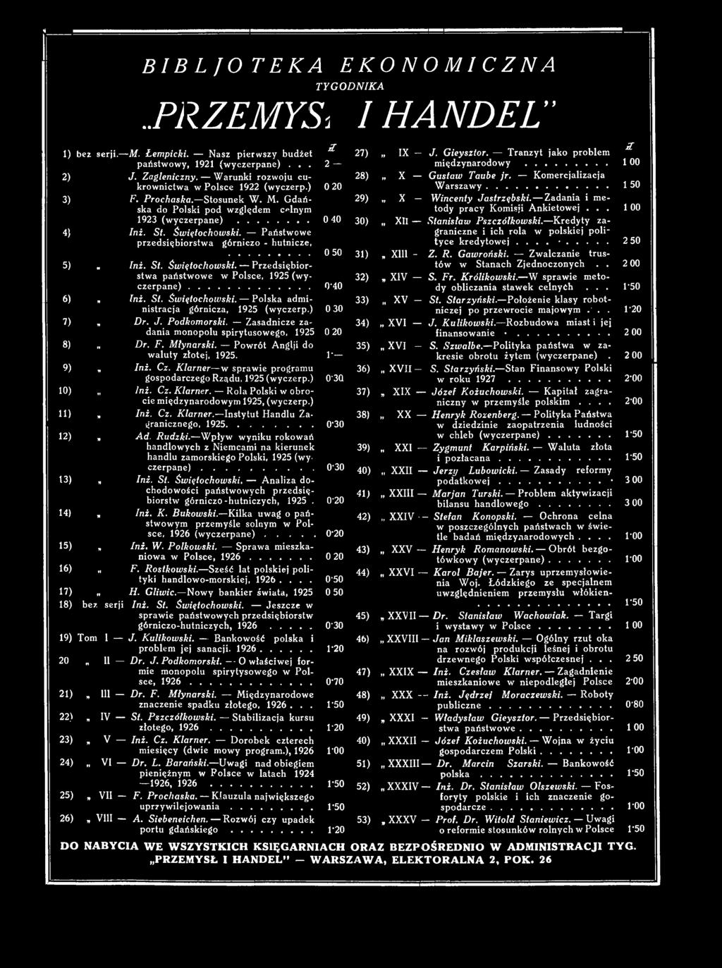 Przedsiębior tów w Stanach Zjednoczonych.. 200 stwa państwowe w Polsce, 1925 (wy 32). XIV - S. Fr. Królikowski. W sprawie metoczerpane)... 0-40 dy obliczania stawek celnyćh... 1-50 6) n Inż. St. Świętochowski.