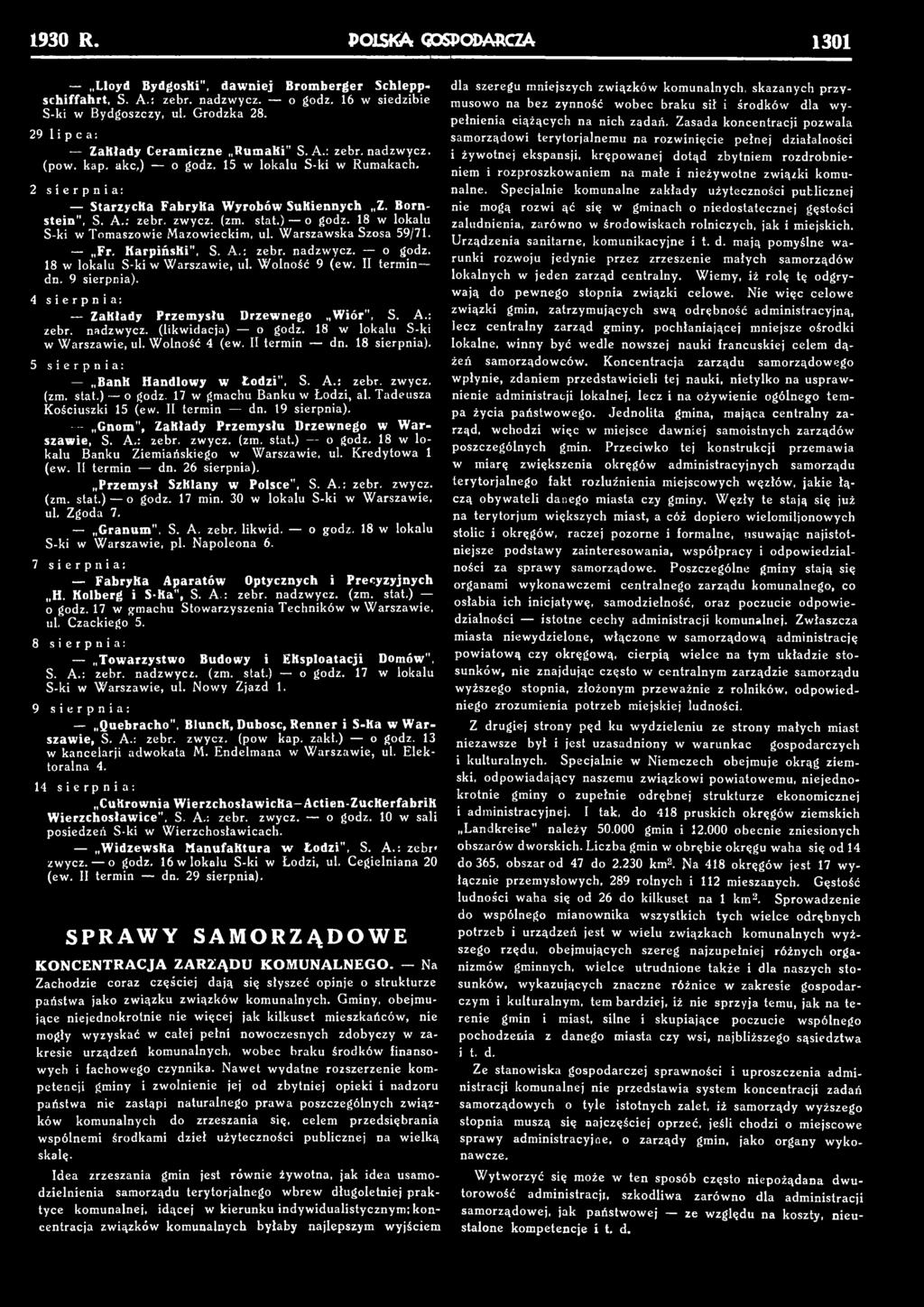 1930 R. POJLSKA GOSPODARCZA 1301 Lloyd BydgosKi", dawniej Bromberger Schleppschiffahrt, S. A.: zebr. nadzwycz. o godz. 16 w siedzibie S-ki w Bydgoszczy, ul. Grodzka 28.