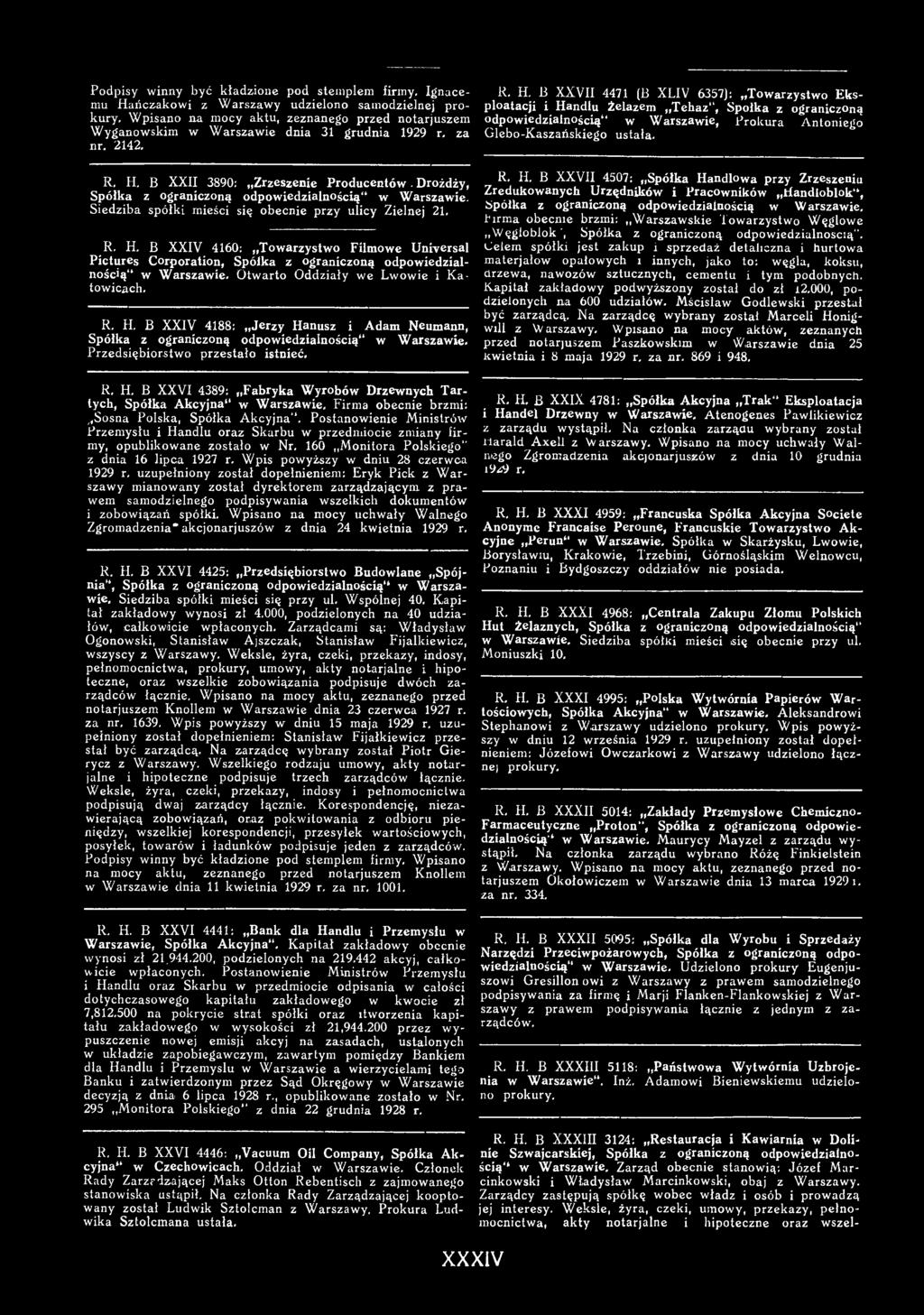 R. H. B XXVII 4507: Spółka Handlowa przy Zrzeszeniu Zredukowanych Urzędników i Pracowników Handloblok", Spółka z ograniczoną odpowiedzialnością w Warszawie.