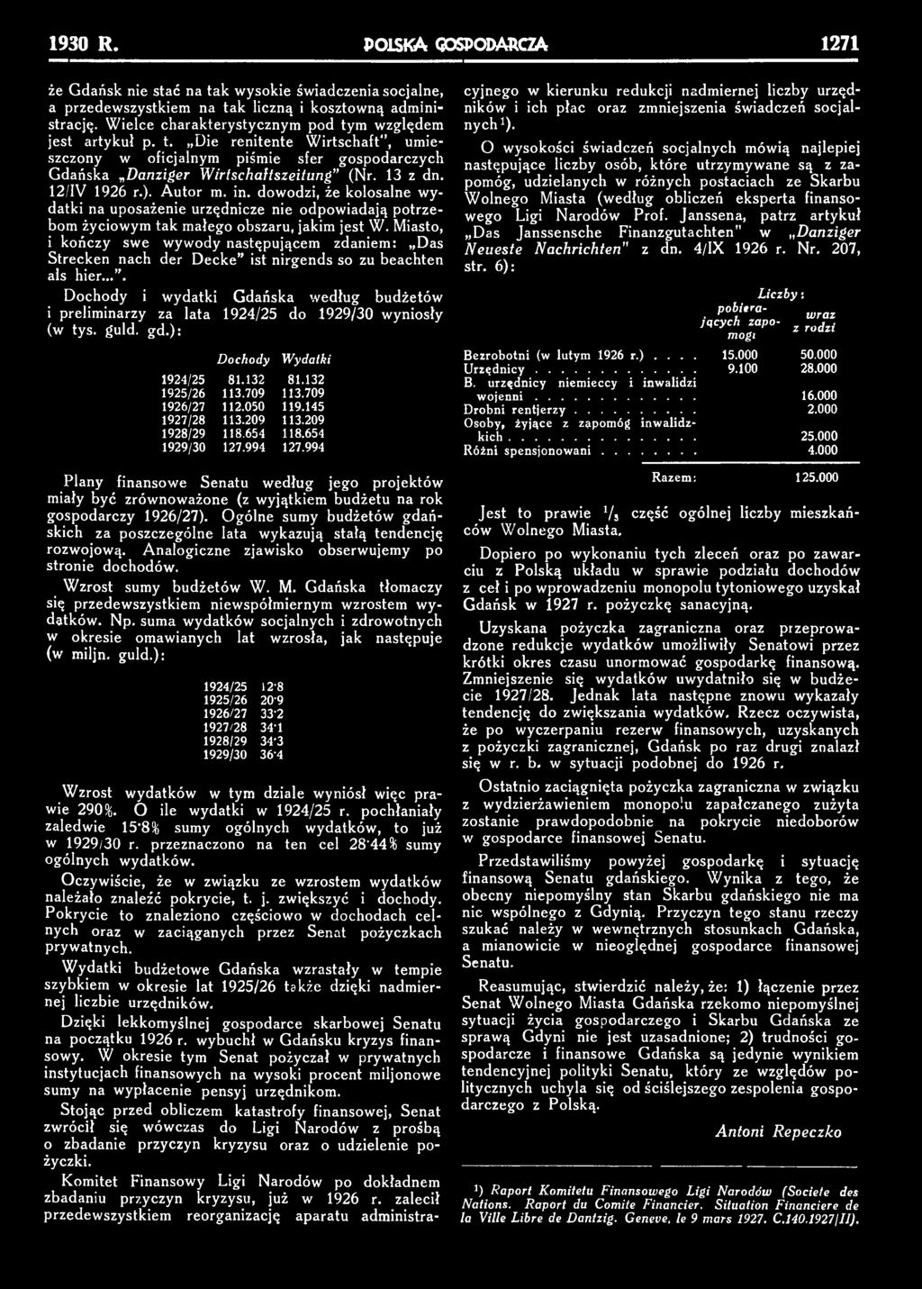 ... Dochody i wydatki Gdańska według budżetów i preliminarzy za lata 1924/25 do 1929/30 wyniosły (w tys. guld. gd.): Dochody Wydatki 1924/25 81.132 81.132 1925/26 113.709 113.709 1926/27 112.050 119.