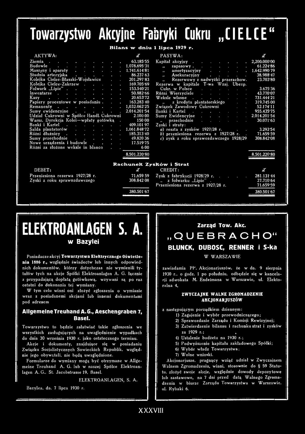 988-47 Kolejka Cielce-Błaszki-Wojsławice 201.297-83 Rezerwowy z nadwyżki przerachow. 23.703-80 Kolejka Cielce-Zakrzew... 169.705-69 Rezerwa w kapitale T-wa Wzaj. Ubezp. Folwark Lipie... 153.