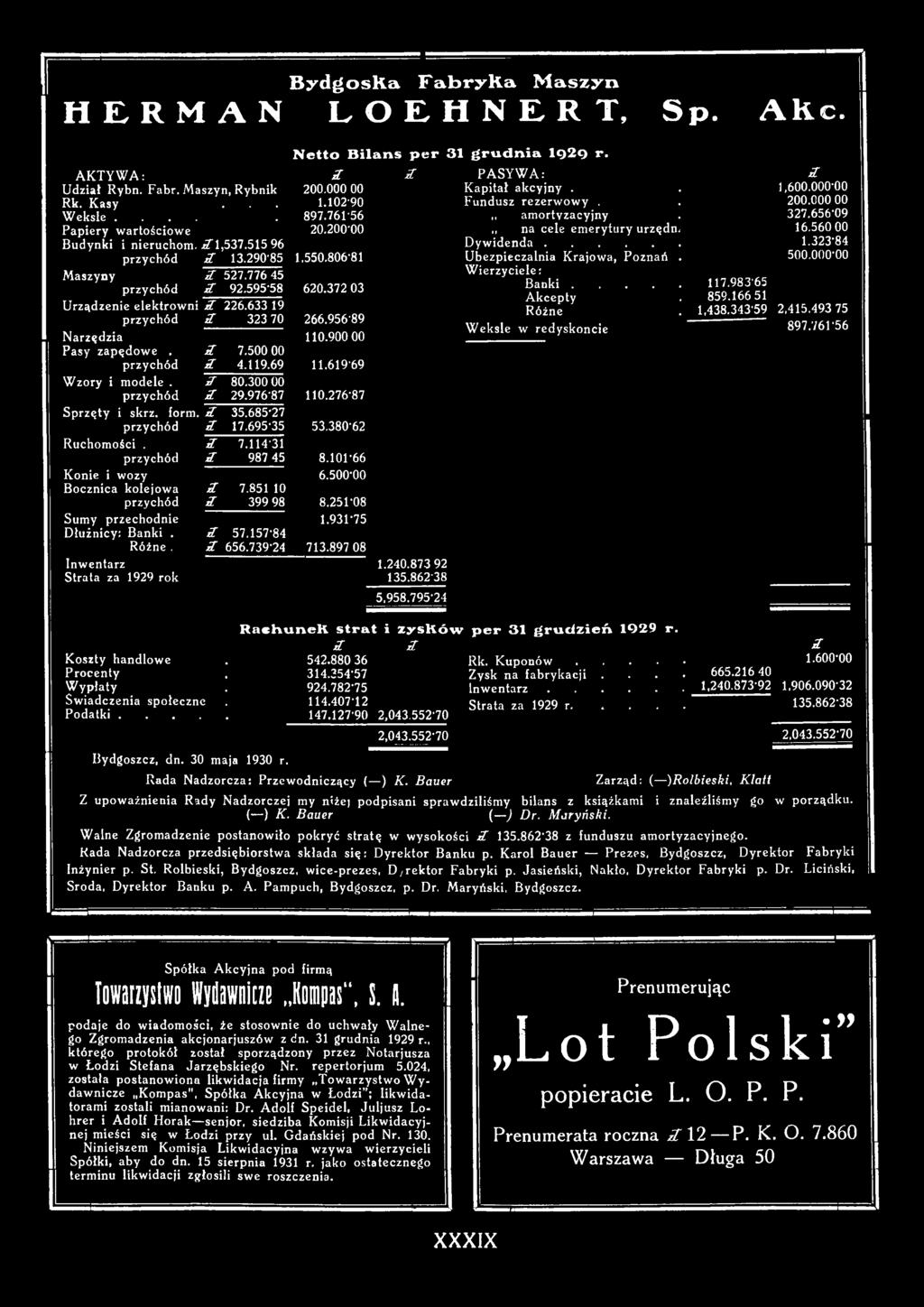 739-24 713.89708 Inwentarz Strata za 1929 rok Netto Bilans per 31 grudnia 1q2q r. Z Z 1.240.87392 135.862-38 5,958.795-24 PASYWA: Kapitał akcyjny. Fundusz rezerwowy.