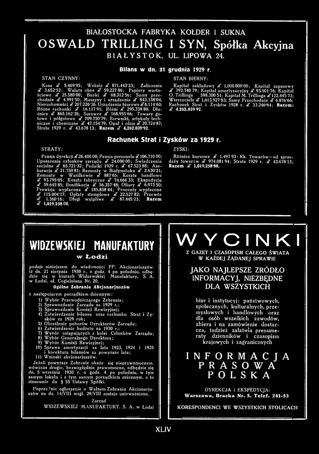 501 '76; Kapitał O. Trillinga 598.300 51; Kapitał M. Trillinga 2 122.445 73; Wierzyciele 2 1.613.927'83; Sumy Przechodnie 2 6.876'66; Rachunek Strat i Zysków 1928 r. 2 33.246"64; Razem: 2 4,262.