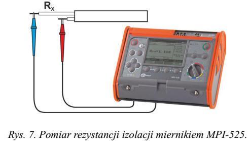 Na rysunku 7 pokazano sposób podłączenia przewodów podczas pomiaru rezystancji izolacji.