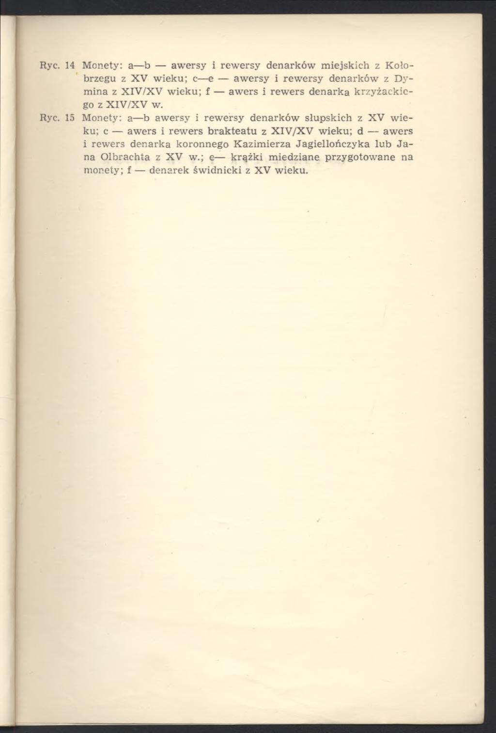 Rye. 14 Monety: a b awersy i rewersy denarków miejskich z Kołobrzegu z XV wieku; c e awersy i rewersy denarków z Dymina z XIV/XV wieku; f awers i rewers denarka krzyżackiego z XIV/XV w. Ryc.