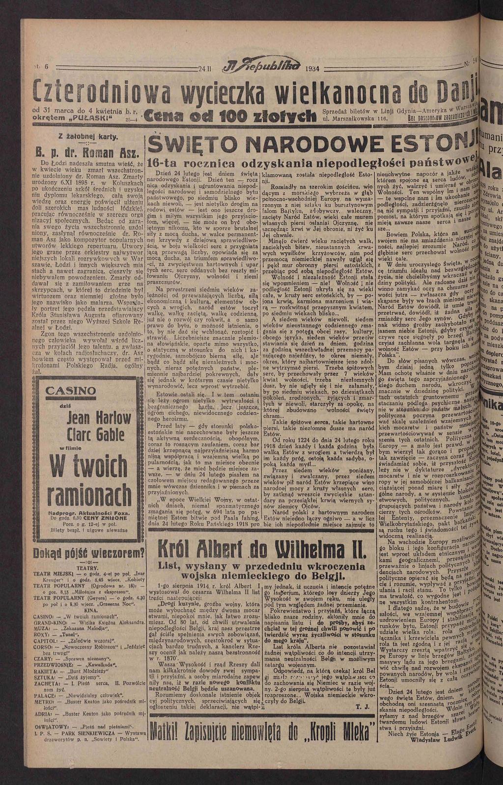 >t. 6 :24li 934 -N: zterodnioa ycieczka ielkanocna do DanJ Sprzedaż biletó Linji Gdynia Ameryka ^SjW od 00 złotych ul. Marzałkoka 6 od 3 marca do 4 kietnia b. r.