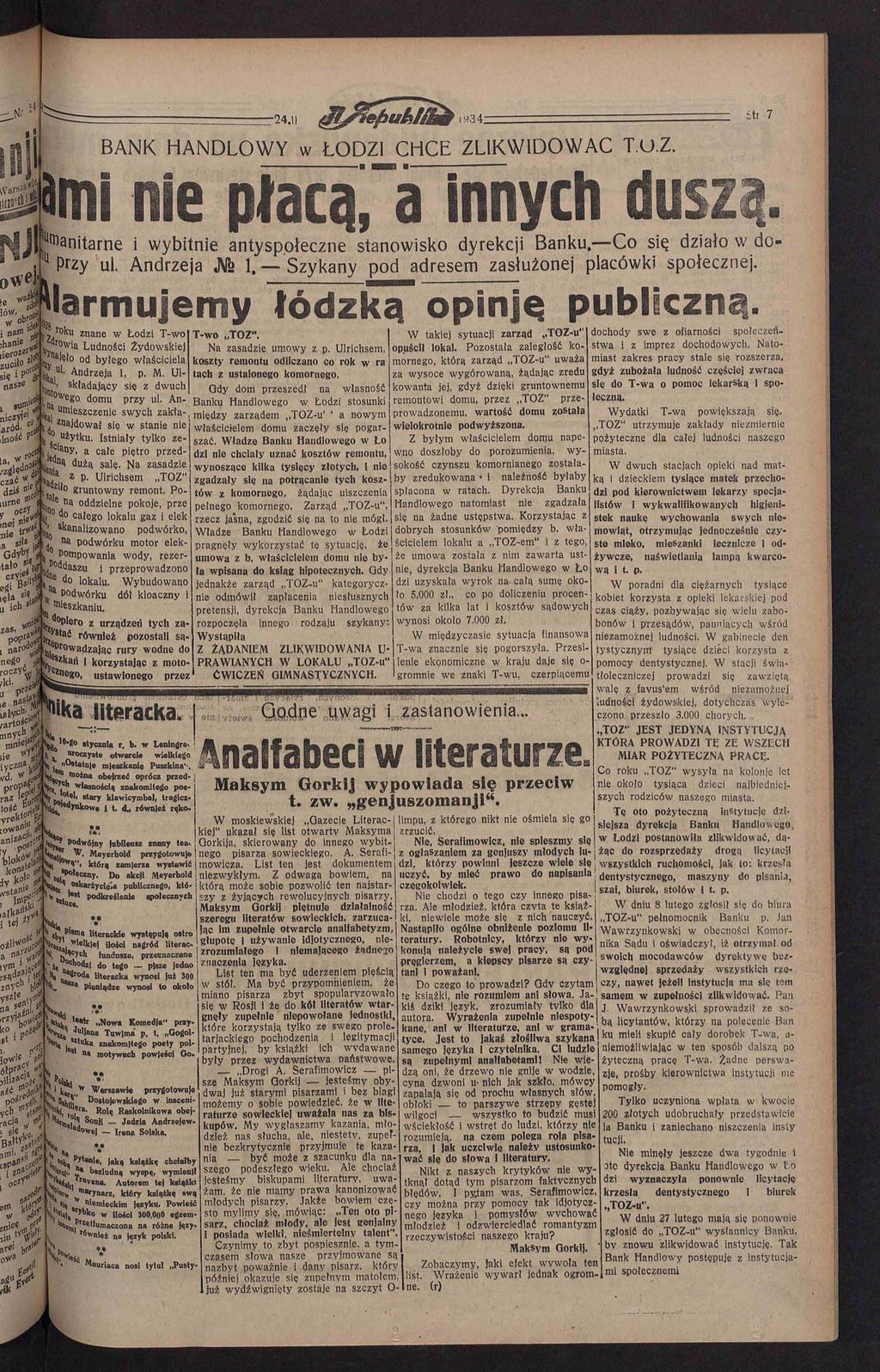 24.»huklŁ im34; BANK HANDLOWY ŁODZI CHCE ZLIKWIDOWAĆ TUZ. tr 7 tali nie p[acą,~atnnych duz litll DJ o te za*. I anitarne i ybitnie antypołeczne tanoiko dyrekcji Banku Co ię działo do- Przy ul.