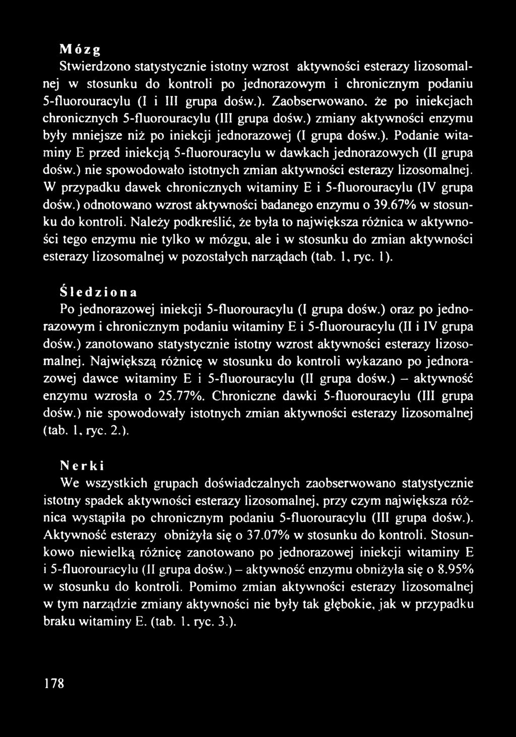 ) nie spowodowało istotnych zmian aktywności esterazy lizosomalnej. W przypadku dawek chronicznych witaminy E i 5-fluorouracylu (IV grupa dośw.) odnotowano wzrost aktywności badanego enzymu o 39.