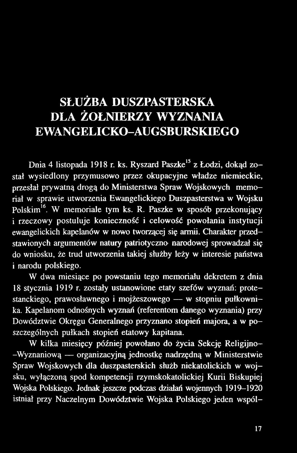 Duszpasterstwa w Wojsku Polskim16. W memoriale tym ks. R.