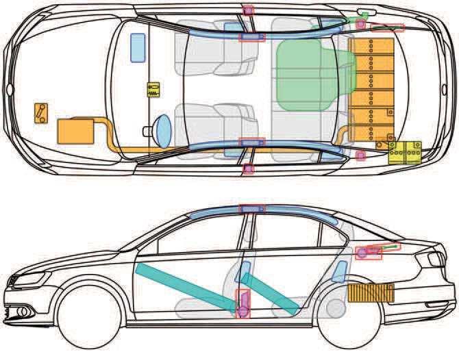 Jetta (Hybrid, od 2012) Napęd hybrydowy Legenda J Poduszka powietrzna Generator gazu Wzmocnienie nadwozia Sterownik Akumulator 12 V Akumulator wysokowoltowy Przewód/