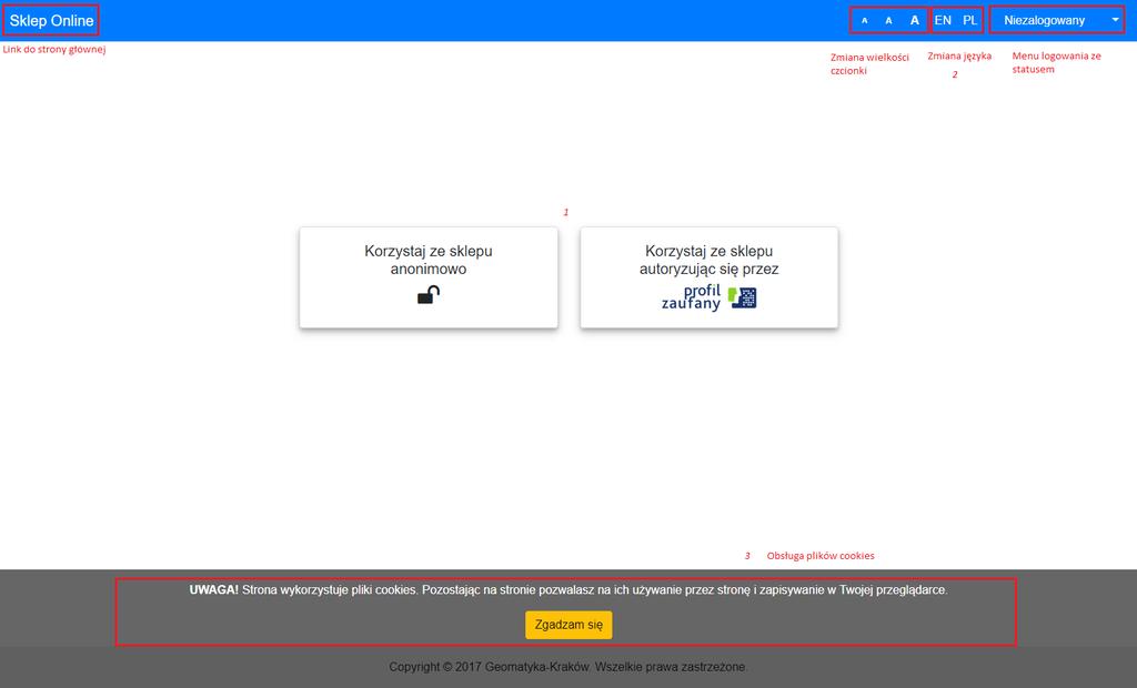 1. Strona główna logowanie Praca w aplikacji rozpoczyna się od wybrania sposobu autoryzacji (Rys. 1, pkt. 1): anonimowo, autoryzując się przez Profil Zaufany.