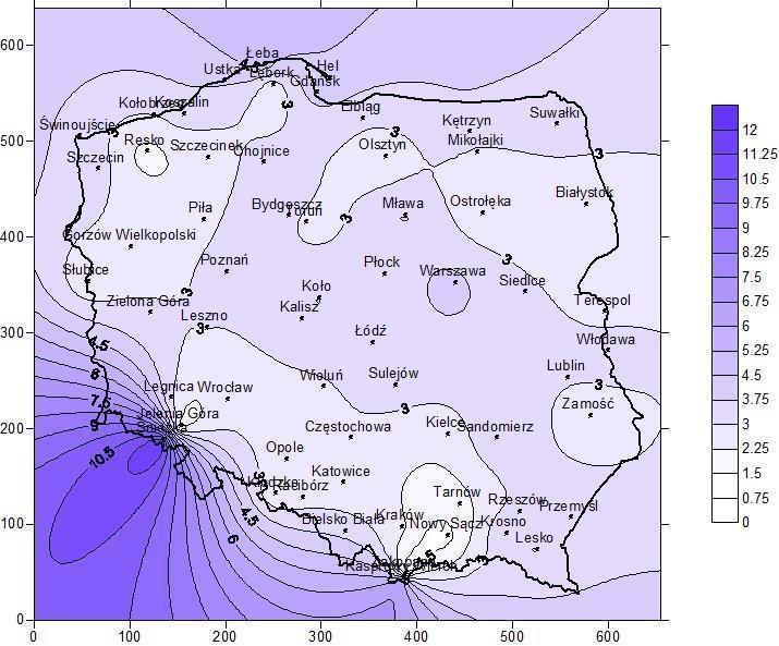 Mapa roczna wietrzności Polski.