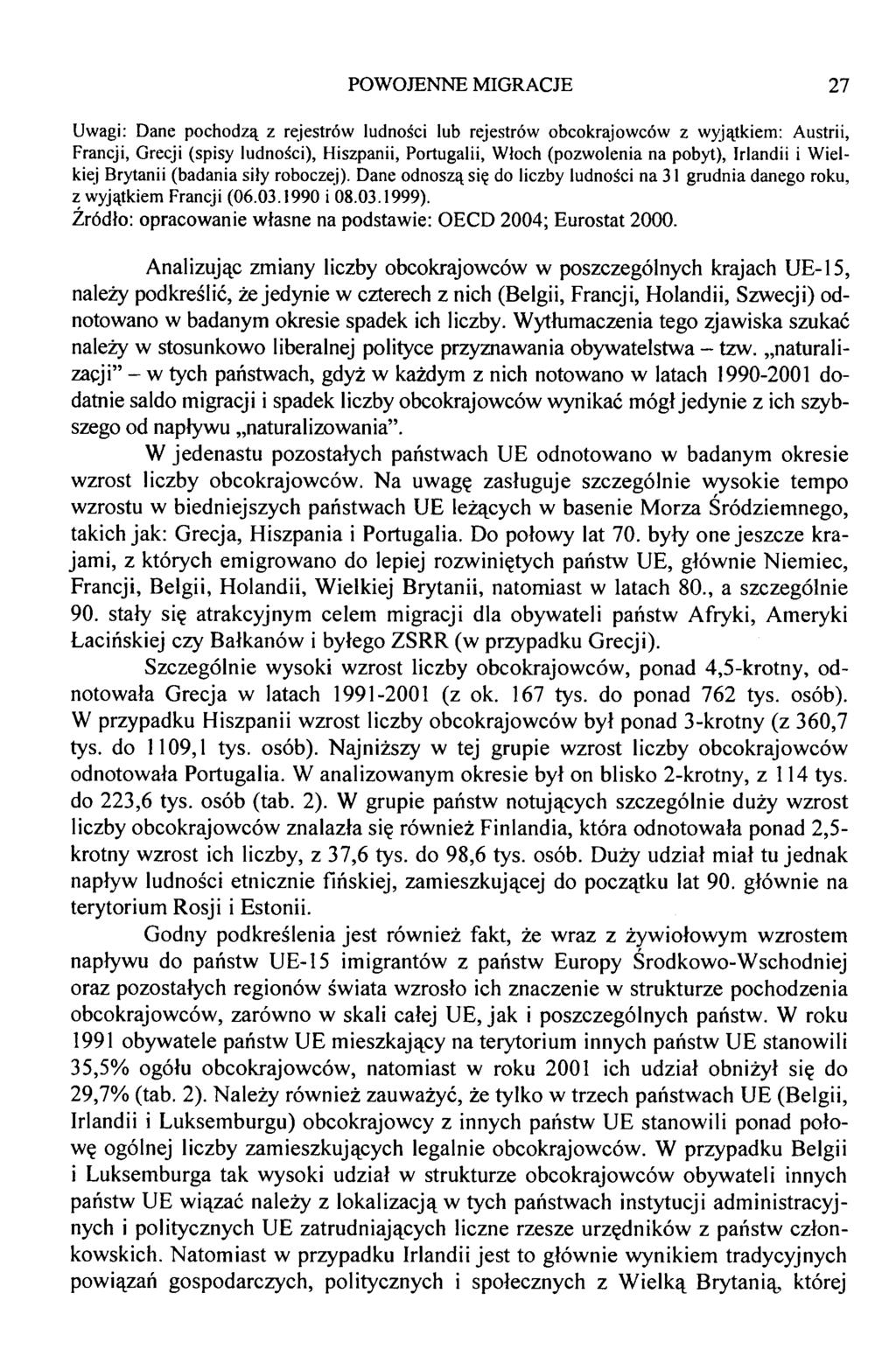 Uwagi: Dane pochodzą z rejestrów ludności lub rejestrów obcokrajowców z wyjątkiem: Austrii, Francji, Grecji (spisy ludności), Hiszpanii, Portugalii, Włoch (pozwolenia na pobyt), Irlandii i Wielkiej