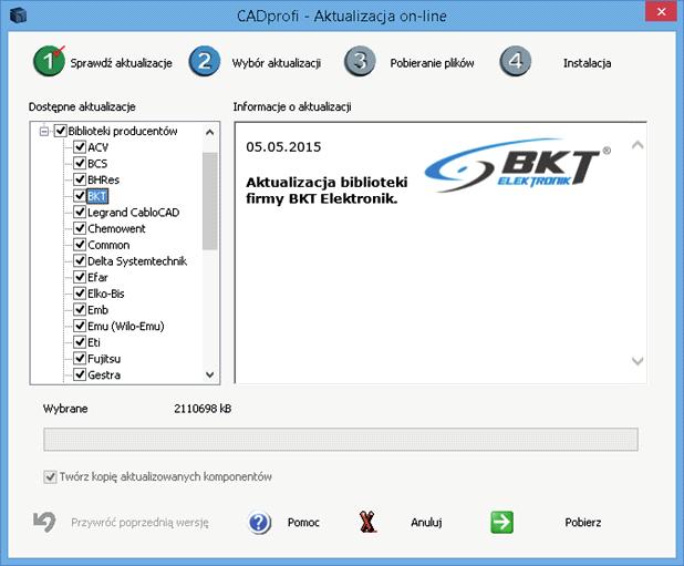 Po zainstalowaniu aplikacji CADprofi należy z biblioteki producentów wybrać BKT (folder jest pusty).