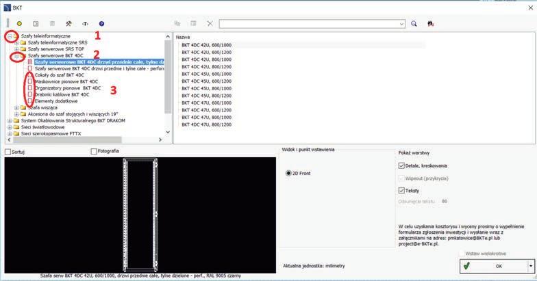 5.1.7. Listwy zasilające (PDU) Z paska CADprofi należy wybrać ikonkę poprzednia biblioteka 1. Następnie dział Szafy teleinformatyczne, 2.