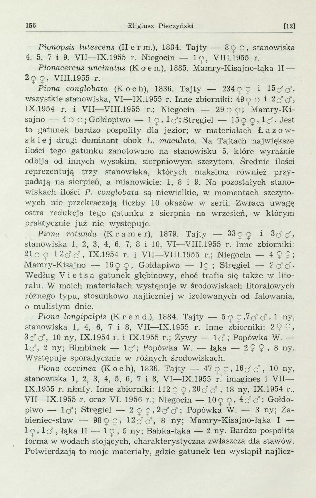 156 Eigiusz Bieczyńs'kd [12] Pionops1is Lutescens (H er m.), 1804. T.ajty - 8 9 9, stanowiska 4, 5, 7 i 9. VII-IX.955 r. Niegodn - 9, Vii.1955 r. Pionacercus uncinatus (K o e n.), 1885.