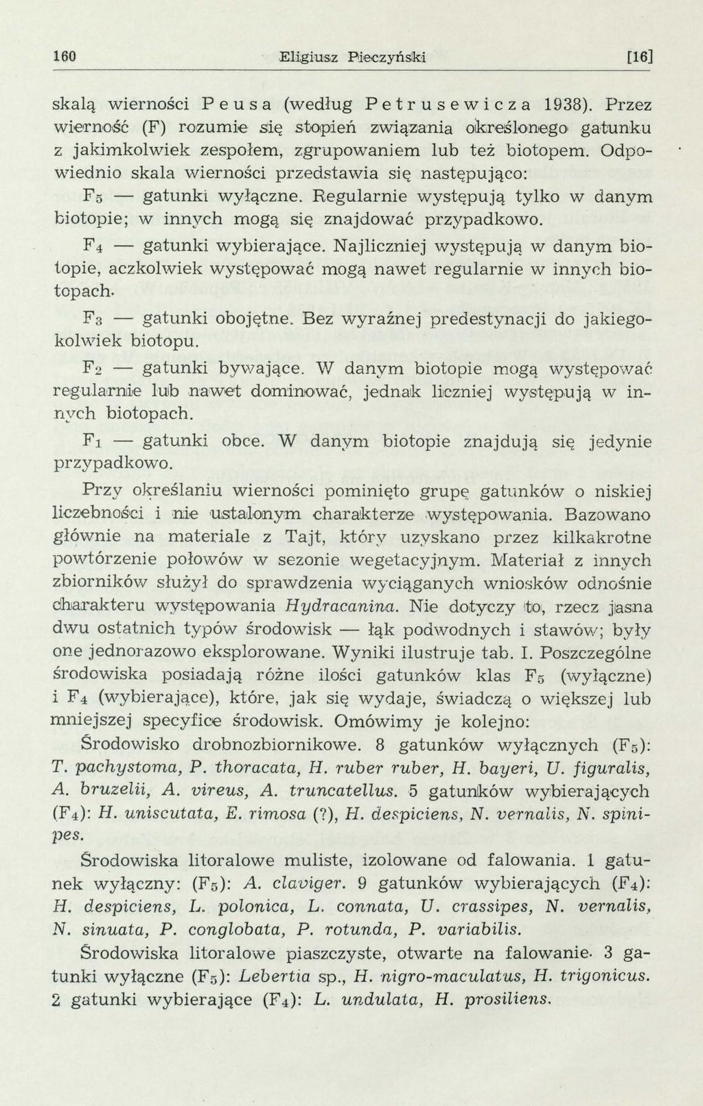 160 Eigiusz Fieczyński [16] skaą wiernosc1 P e u s a (według P e t rus e w i c z a 1938). Przez wierność (F) rozumie się stopień ~wią!zania oik,reśo!