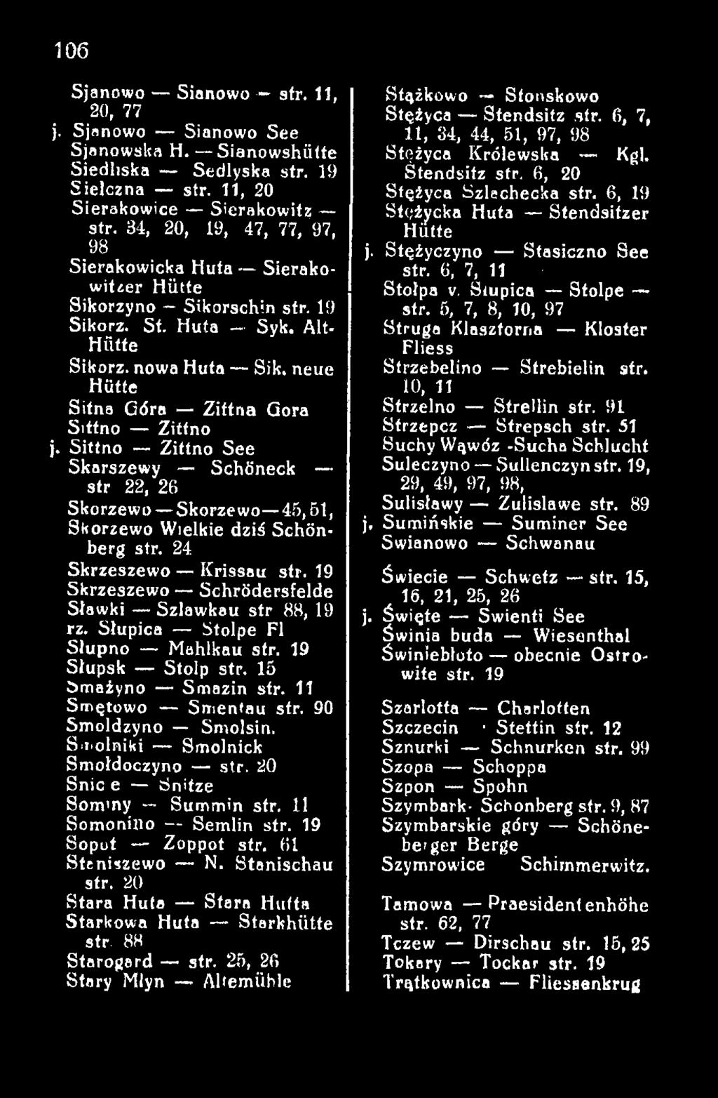 Smolniki Smolnick Smołdoczyno str. 20 Snic e Snitze Sommy Summin str. 11 Somonino Semlin str. 19 Sopot Zoppot str. 61 Steniszewo N. Stanischau str.
