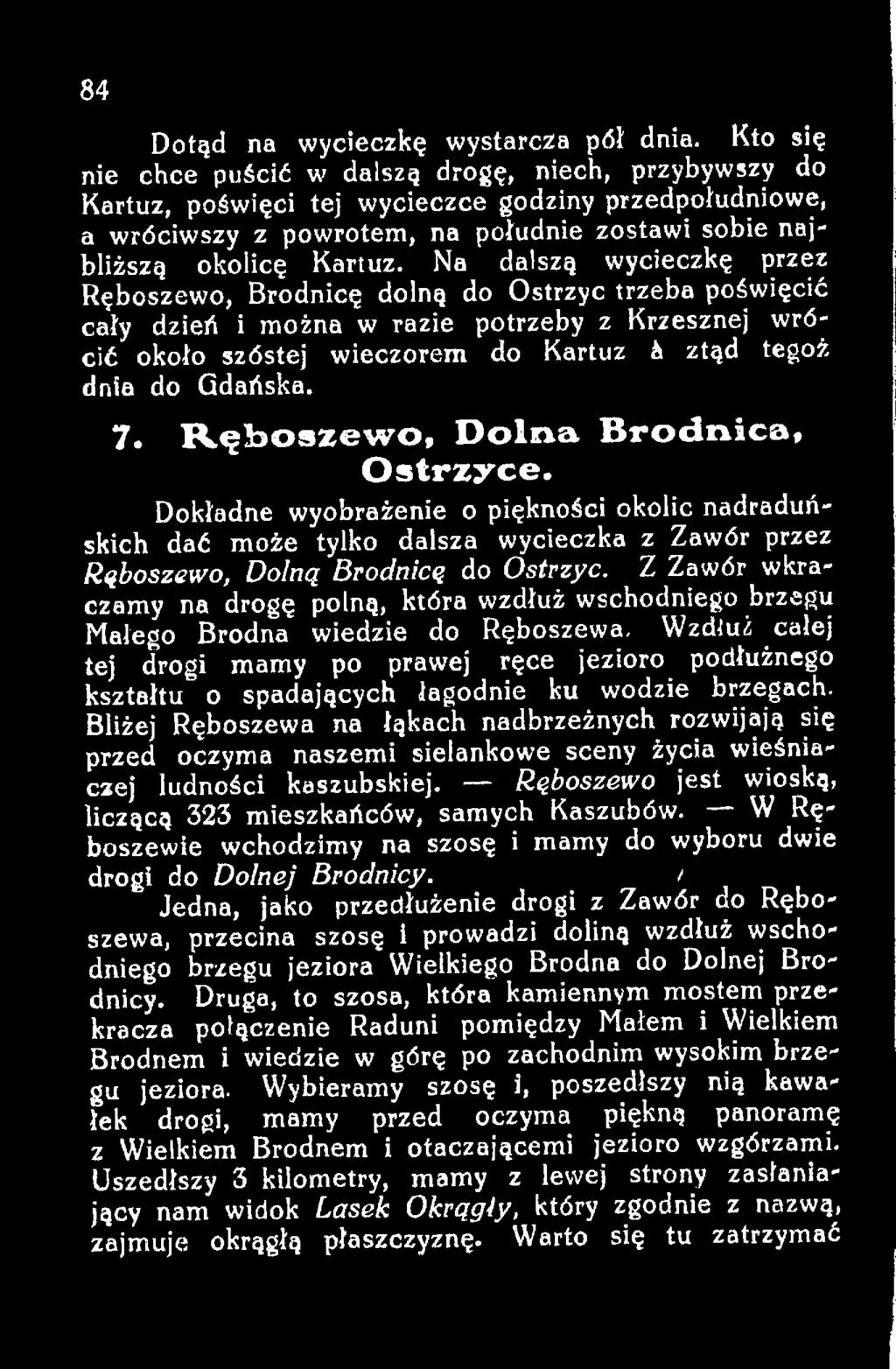 Z Zawór wkraczamy na drogę polną, która wzdłuż wschodniego brzegu Małego Bródna wiedzie do Ręboszewa, Wzdłuż całej tej drogi mamy po prawej ręce jezioro podłużnego kształtu o spadających łagodnie ku