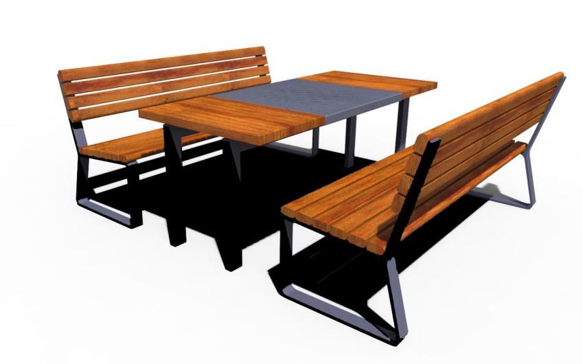 17 Drewniane stoły z ławami z oparciem Materiały: Stal cynkowana i lakierowana proszkowo oraz odlew aluminiowy lakierowany proszkowo na kolor RAL 7016. Drewno liściaste o twardości min.