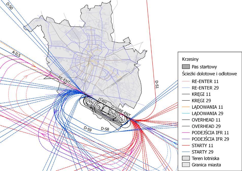 Rys. 8 Główne trasy operacji lotniczych na lotnisku EPKS Na podstawie danych przekazanych przez Zarządzającego lotniskiem, w Tab.