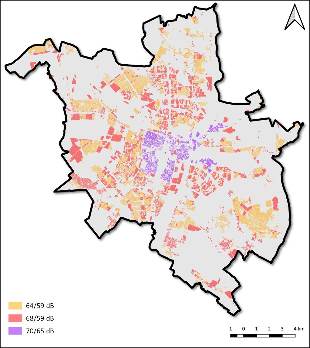 Rys. 8 Mapa wrażliwości akustycznej miasta Poznania tereny objęte ochroną przed hałasem,