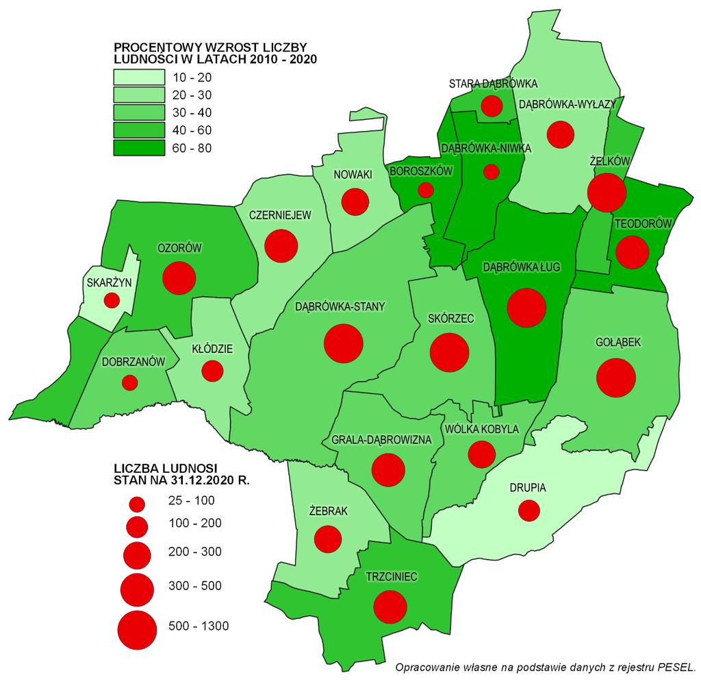 Dąbrówka Stany odpowiednio 503 i 501 osób. W miejscowości gminnej liczba mieszkańców wzrosła o 343 osoby. Równie duży wzrost liczby ludności odnotowano we wsi Żelków gdzie od 2009 r. do końca 2020 r.