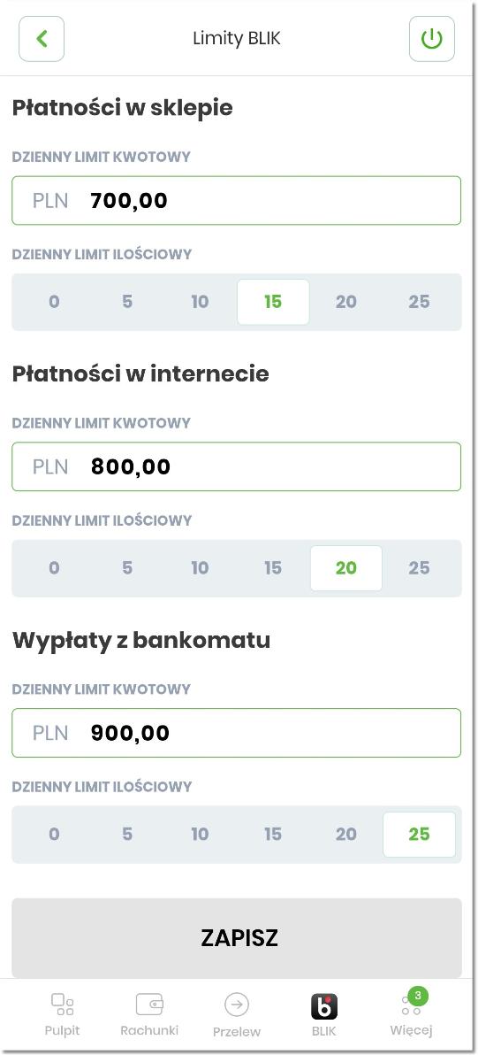 5 Ustawienia BLIK Pojawia się ekran, na którym prezentowane są następujące informacje o limitach: dzienny limit kwotowy i ilościowy dla płatności w sklepach i
