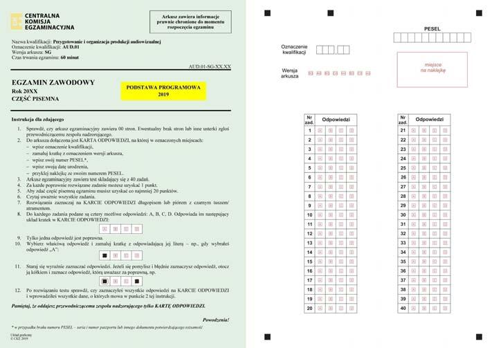 9. Pierwsza strona arkusza do części pisemnej egzaminu i karta odpowiedzi w przypadku zastosowania wydrukowanych arkuszy w sytuacjach