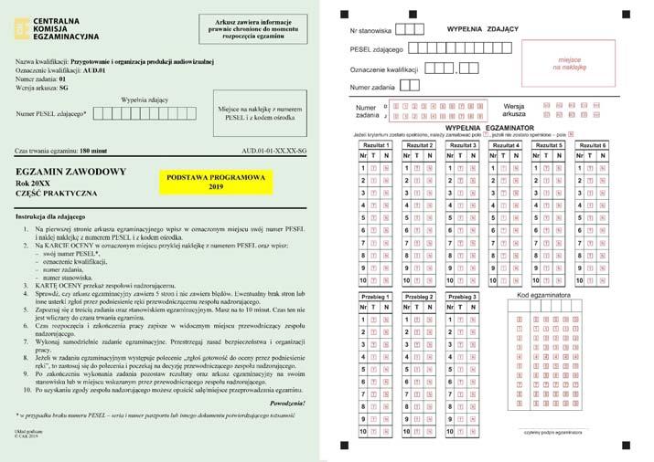 10. Pierwsza strona arkusza do części praktycznej egzaminu i karta oceny dla zdających egzamin zawodowy z