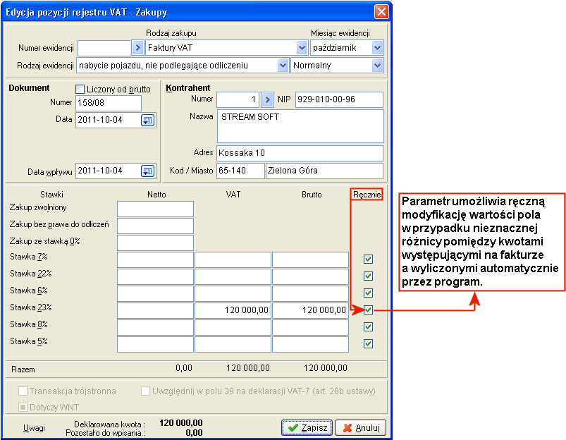 ALA użytkownik może wybrać rodzaj zapisu do rejestru VAT, a następnie pojawia się zapytanie o stawkę na jaką można zapisać kwotę w rejestrze.